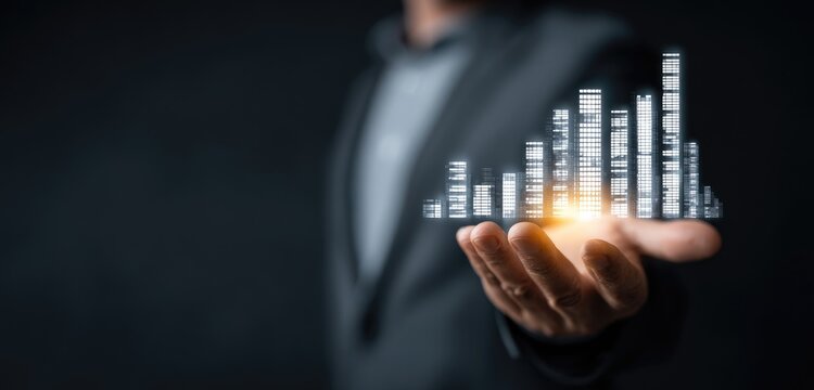 A businessman's hand holds a glowing, projected bar graph
