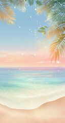 Fototapeta premium Pastel beach scene with palm fronds and soft sunset