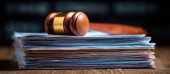 Close-up of a wooden gavel resting on a stack of colorful documents and papers