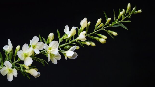 A white flower with green leaves on a black background, with a black background and a white background