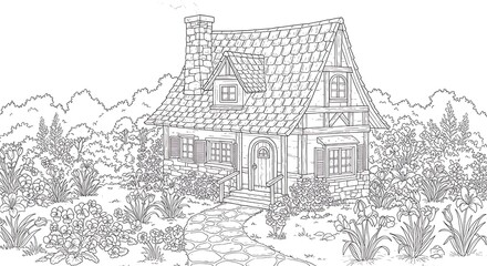 Naklejka premium Charming Cottage Coloring Page: Stone Path, Shingled Roof, and Flower Garden