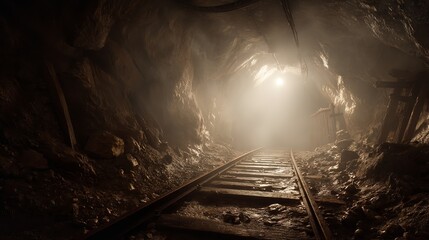 Eerie Abandoned Mine Shaft Interior Featuring Railroad Tracks Disappearing into Distant Light