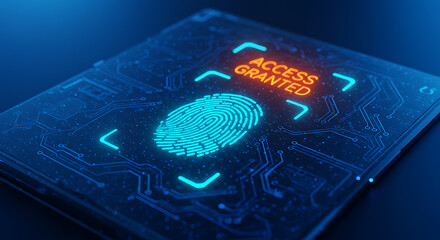 Fingerprint Security and Access Granted: A close-up view of a high-tech fingerprint scanner, illuminated with a vibrant glow.