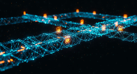 Cybersecurity Network: An abstract depiction of interconnected data streams, secured by digital locks, symbolizes the vital shield of network security in the digital era.