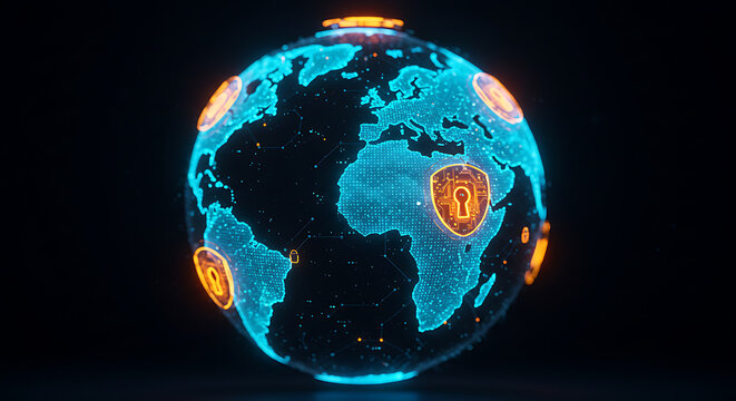 Global Security: A digital depiction of the Earth, encapsulated within a network of security, where glowing shields guard against cyber threats, representing data protection.