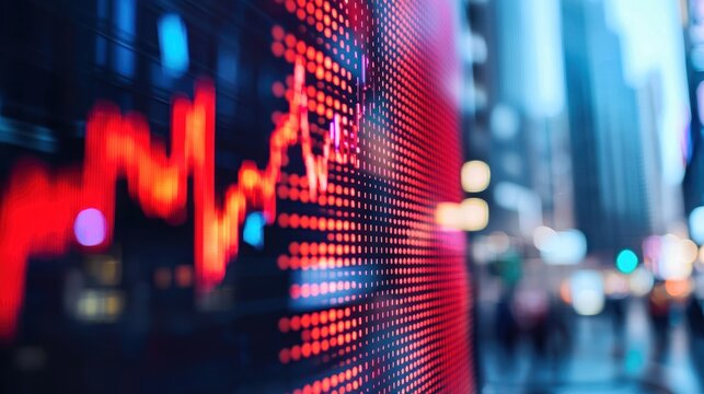 Stock market graph on a digital screen in a bustling city, with blurred figures of people walking by.