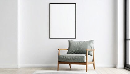 Sunlit Scandinavian Corner Grey Armchair and Blank Vertical Frame Mockup.