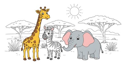 Fototapeta premium Colorful Cartoon Animals in African Savanna Landscape with Sun and Trees