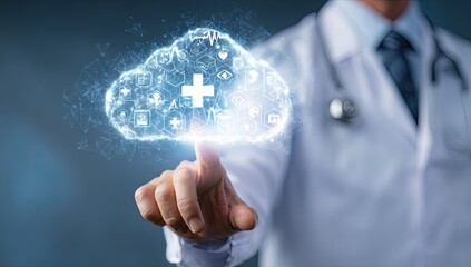 Doctor's finger touches a glowing medical cloud