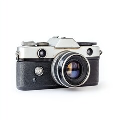 A vintage silver and black film camera, slightly angled, is centered against a white background.  The camera's body shows signs of age and use