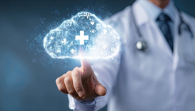 Doctor's finger touches a glowing medical cloud