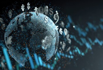 A digital globe, rendered in a network of dots, surrounded by financial symbols and charts