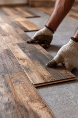 Close-up of a worker installing wooden flooring with a trowel and measuring tape