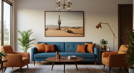 Cozy Living Room with Desert Landscape Artwork and Warm Hues