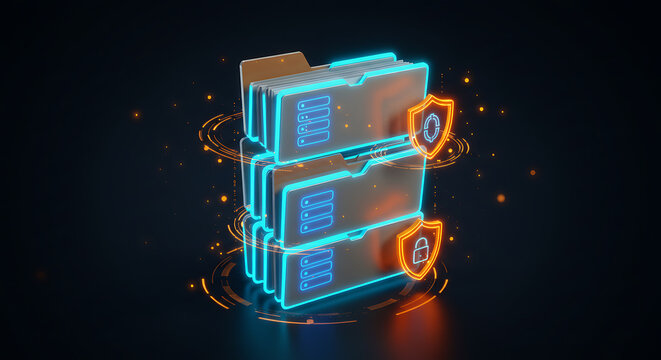 Secured Digital Records: A collection of files is protected with digital shield representing secure storage in a virtual environment.