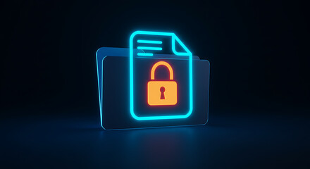 Data Encryption Concept: A neon illuminated folder featuring an encrypted document, representing data protection and information security in digital age.