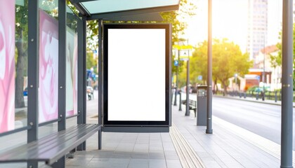 Sunlit Urban Bus Stop with a Blank Vertical Advertising Billboard Mockup.