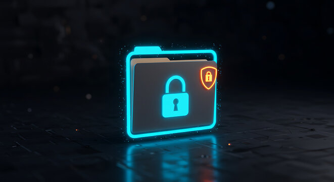 Cybersecurity Archive: A glowing, digital icon of a secure file folder, symbolizing data protection and privacy in the digital age.