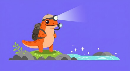 Obraz premium Cute Cartoon Lizard with Backpack Exploring a Night River Scene