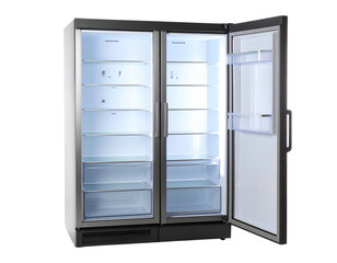 Wide Commercial Glass Door Refrigerator with Sliding Doors, Front View, Isolated on White