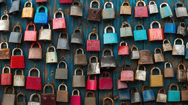 A colorful collection of padlocks of various sizes and colors hanging on a blue wooden wall, with a blue background and a few visible hinges.