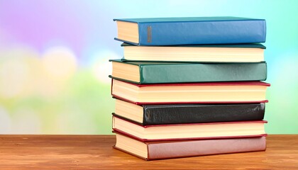 A neat stack of hardcover books rests on a wooden surface against a blurred background