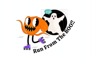 Fototapeta premium halloween cartoon monster on roller skates chased by a ghost