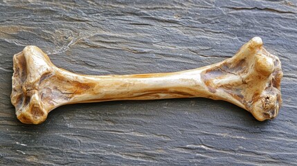 Fototapeta premium A single bone, possibly a dog or cat bone, lying on a stone surface with a natural stone background.