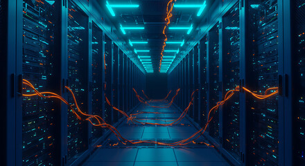 Data Center: A futuristic data center corridor, bathed in a cool blue neon glow, with server racks stretching endlessly into the distance.