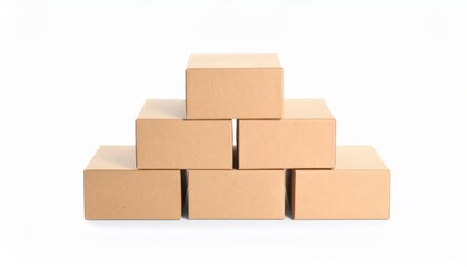 Symmetrical Pyramid of Six Blank Brown Cardboard Boxes on a White Background.