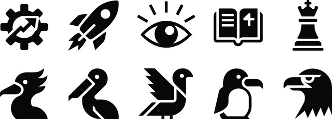 Flat vector illustration of business growth icons and bird animal symbols including rocket, eye, book, chess, eagle, penguin, pelican
