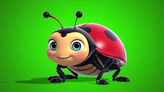 Cheerful cartoon ladybug character with vibrant colors on a bright green background