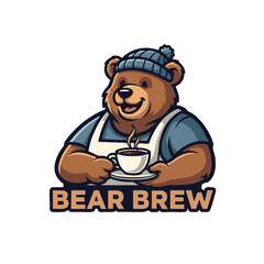 Obraz premium Cheerful cartoon bear mascot wearing a warm beanie and an apron, happily presenting a steaming hot cup of brew, perfect for a cozy coffee shop, cafe, or beverage brand logo design.