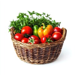 Wicker basket filled with colorful peppers and tomatoes, topped with fresh parsley