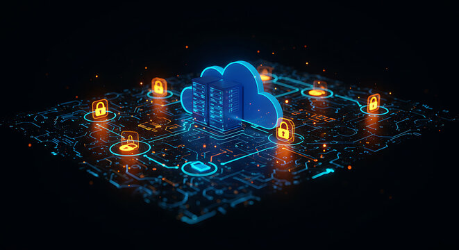 Cloud Security and Server: A digital depiction of a secure cloud server, shielded by multiple locks, highlighting network security and data protection in an innovative digital landscape.