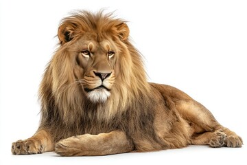 Fototapeta premium Male lion lying down, facing right, against white background
