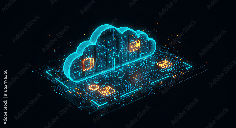 Wall mural cloud computing technology: a luminous, futuristic depiction of a cloud, intertwined with data symbo
