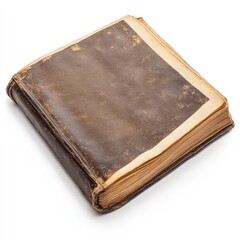Aged, leather-bound book,  showing signs of wear, atop a white background