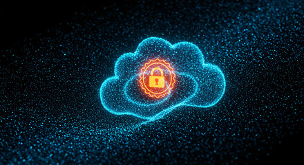 Cloud Security: A glowing cloud icon with a padlock, symbolizing data security and privacy in a modern digital environment.