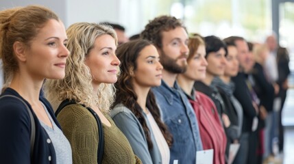 Obraz premium A line of people standing in a queue, waiting to be served at a counter. The individuals are dressed in casual attire, with some wearing jeans