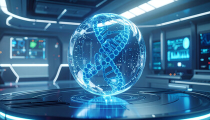 Digital DNA Sphere: A glowing digital DNA helix encapsulated within a clear sphere sits prominently on a modern laboratory table, symbolizing cutting-edge scientific research and genetic innovation.