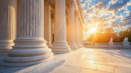 Majestic columns of a courthouse at sunrise. 