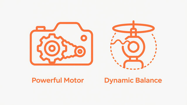 The orange icon displays powerful motors and dynamic balance symbols, representing equipment performance, and is used in promotional scenes for photography and sports equipment.