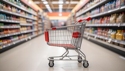 A silver shopping cart stands poised in a supermarket aisle filled with food items and products.
