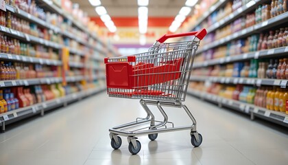 A red shopping cart stands in focus within a brightly lit grocery store aisle scene.