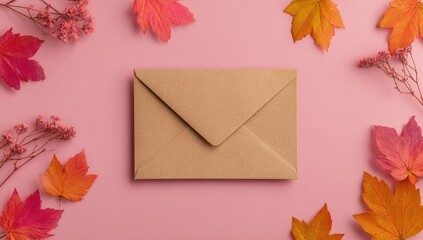 Obraz premium Beige envelope surrounded by autumn leaves and flowers on a pink background