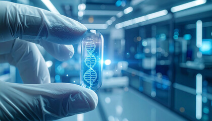 DNA Sample in Lab: A gloved hand delicately holds a vial displaying a digital rendition of a DNA strand, symbolizing groundbreaking advances in medical research.