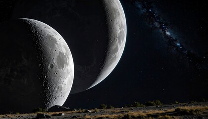 Two large moons over a desolate landscape