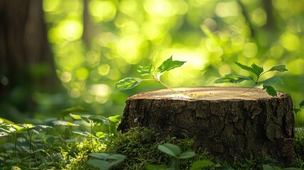 A wooden stump with green leaves growing out of it, surrounded by lush green foliage in a forest setting.