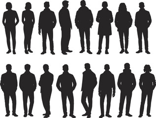 Silhouette group of diverse business people standing, men and women team, corporate office staff, teamwork concept, isolated on white